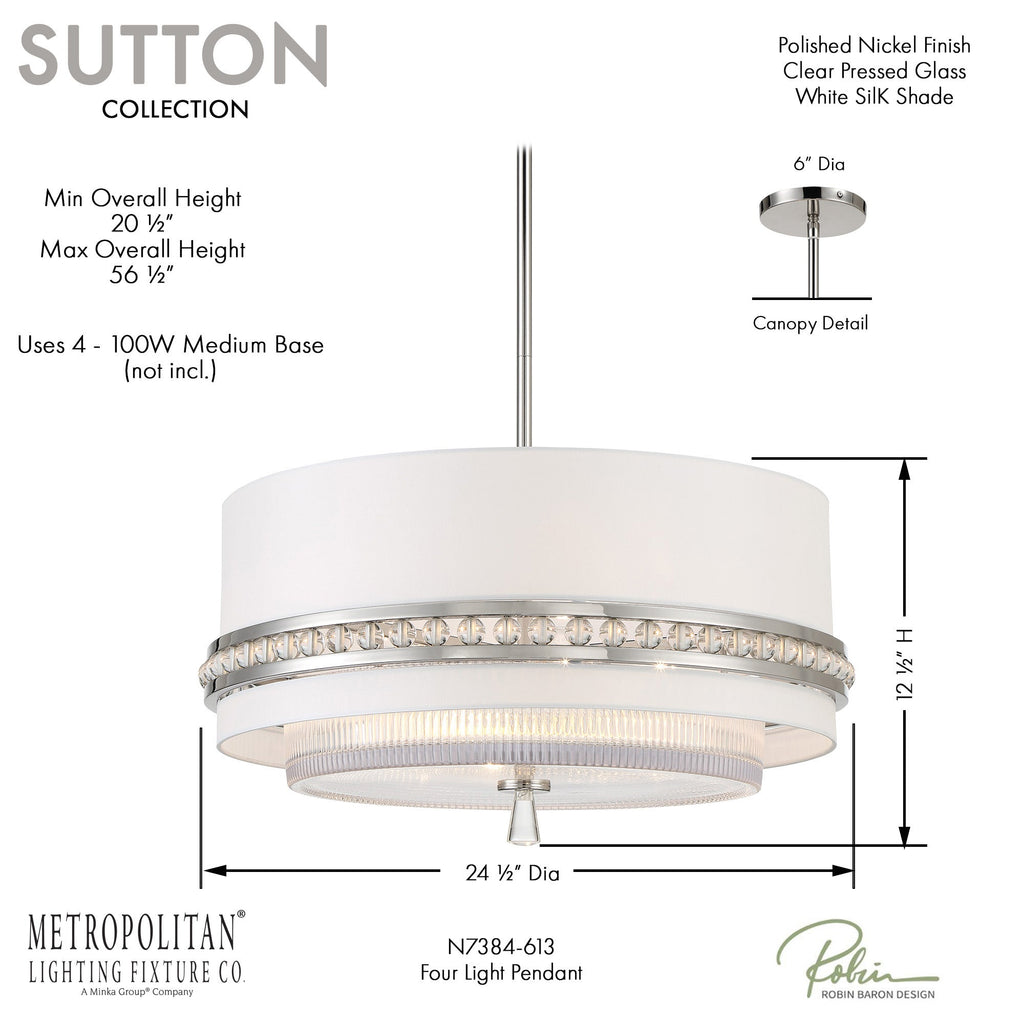 Sutton 4 Light Pendant, dimensions and specs