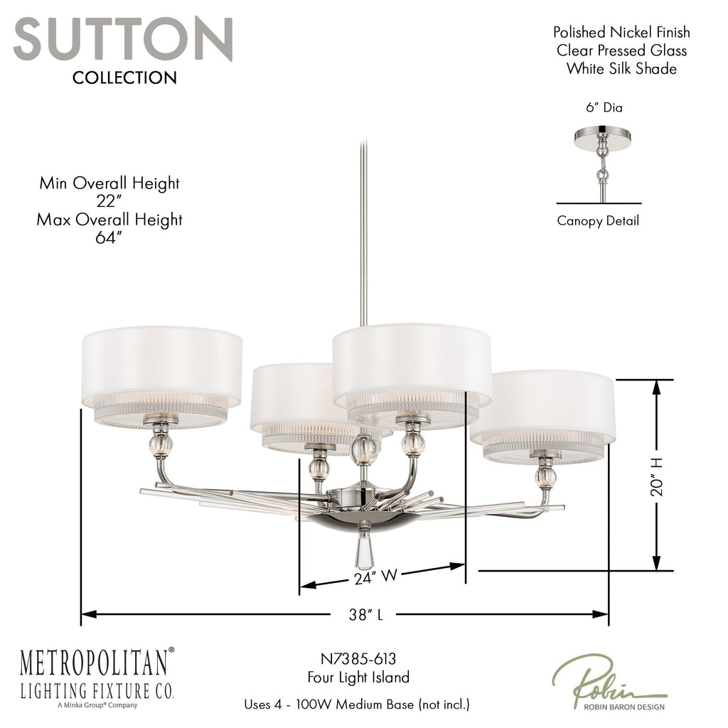 Sutton 4 Light Pendant, dimensions and specs