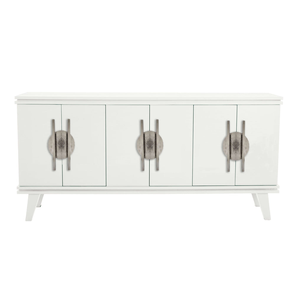 Warm White Rochelle Credenza with Polished Nickel Eclipse Long w/ Hammered Metal Backplate, front view