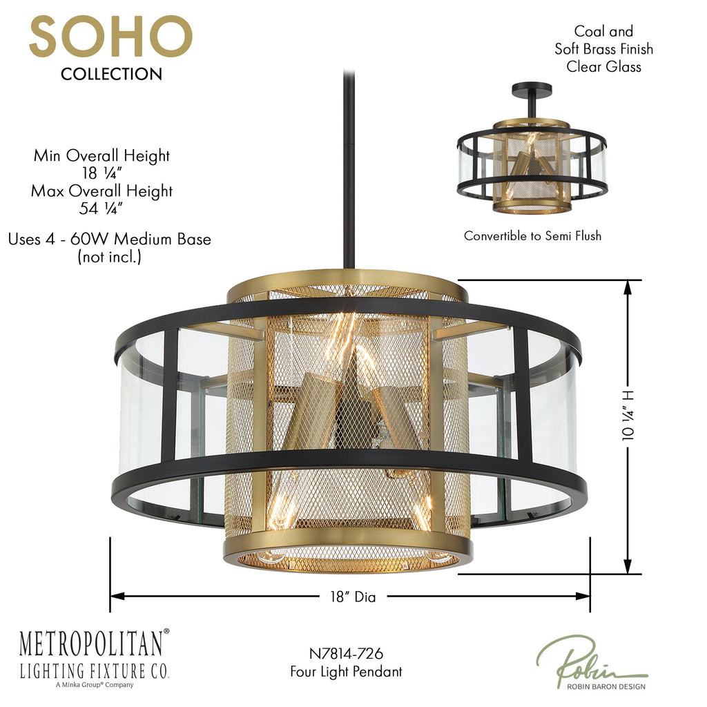 Soho 4 Light Pendant and Semi-Flush, dimensions and specs