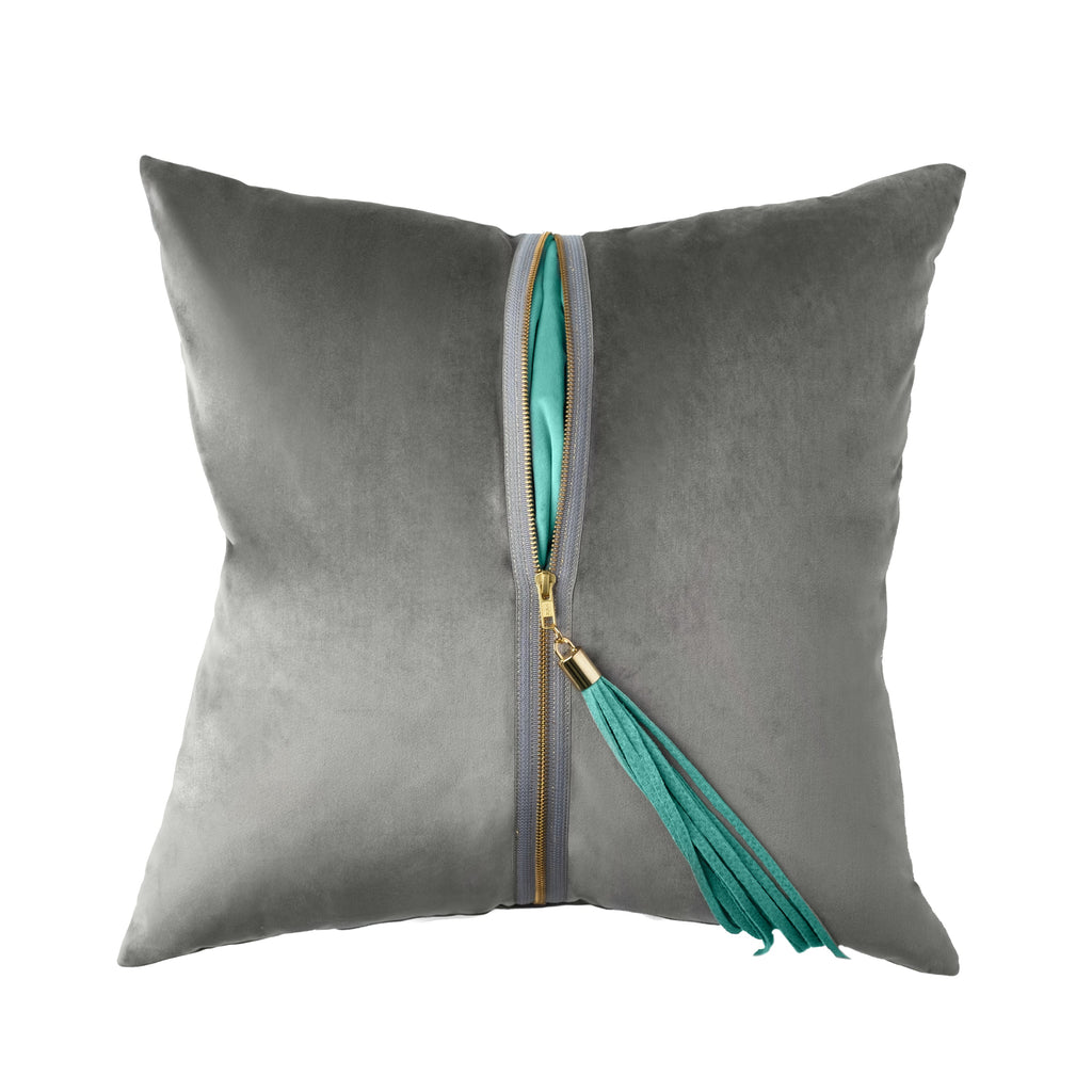 Graphite/Aqua Velvet UnZipped Pillow, front view