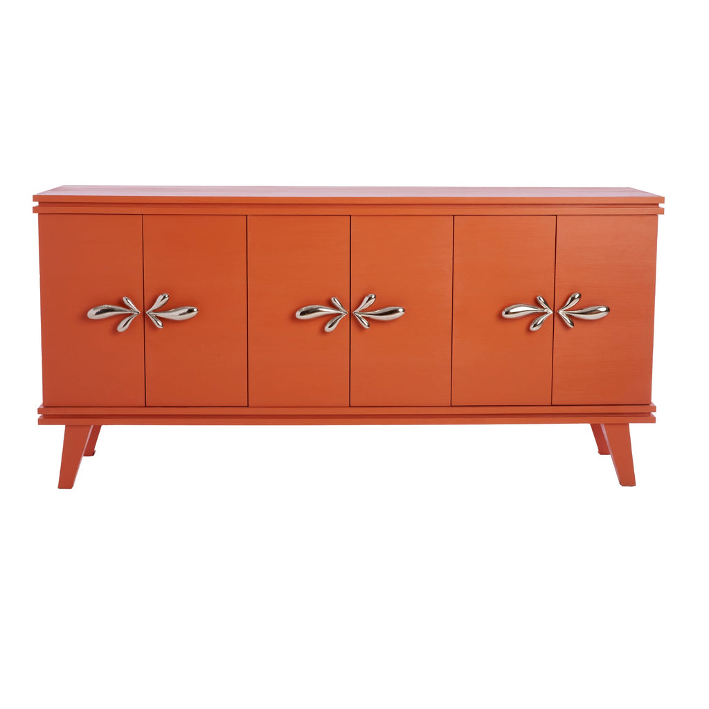 Baroness Orange Rochelle Credenza with Polished Nickel Demi Fleur Large, front view