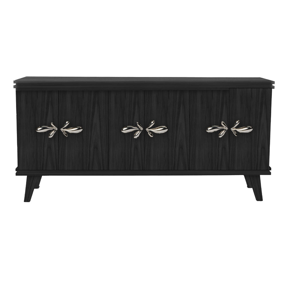 Ebonized Walnut Rochelle Credenza with Polished Nickel Demi Fleur Large, front view