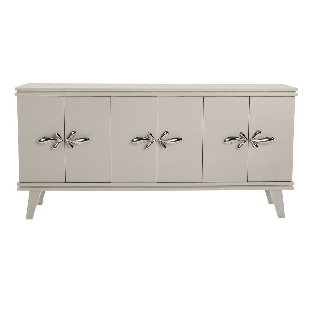 Light Taupe Rochelle Credenza with Polished Nickel Demi Fleur Large, front view