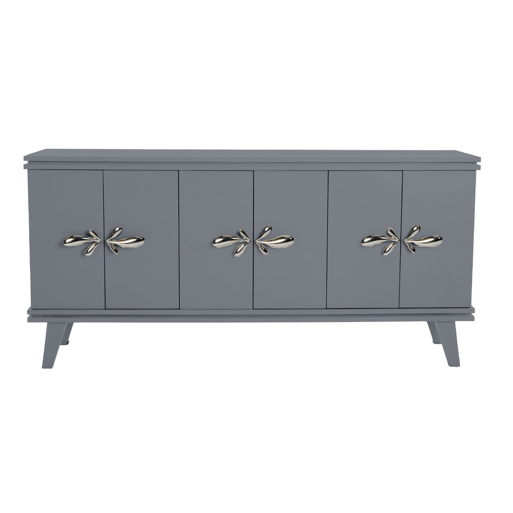 Pebble Gray Rochelle Credenza with Polished Nickel Demi Fleur Large, front view