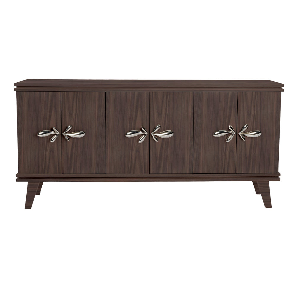 Perfect Walnut Rochelle Credenza with Polished Nickel Demi Fleur Large, front view
