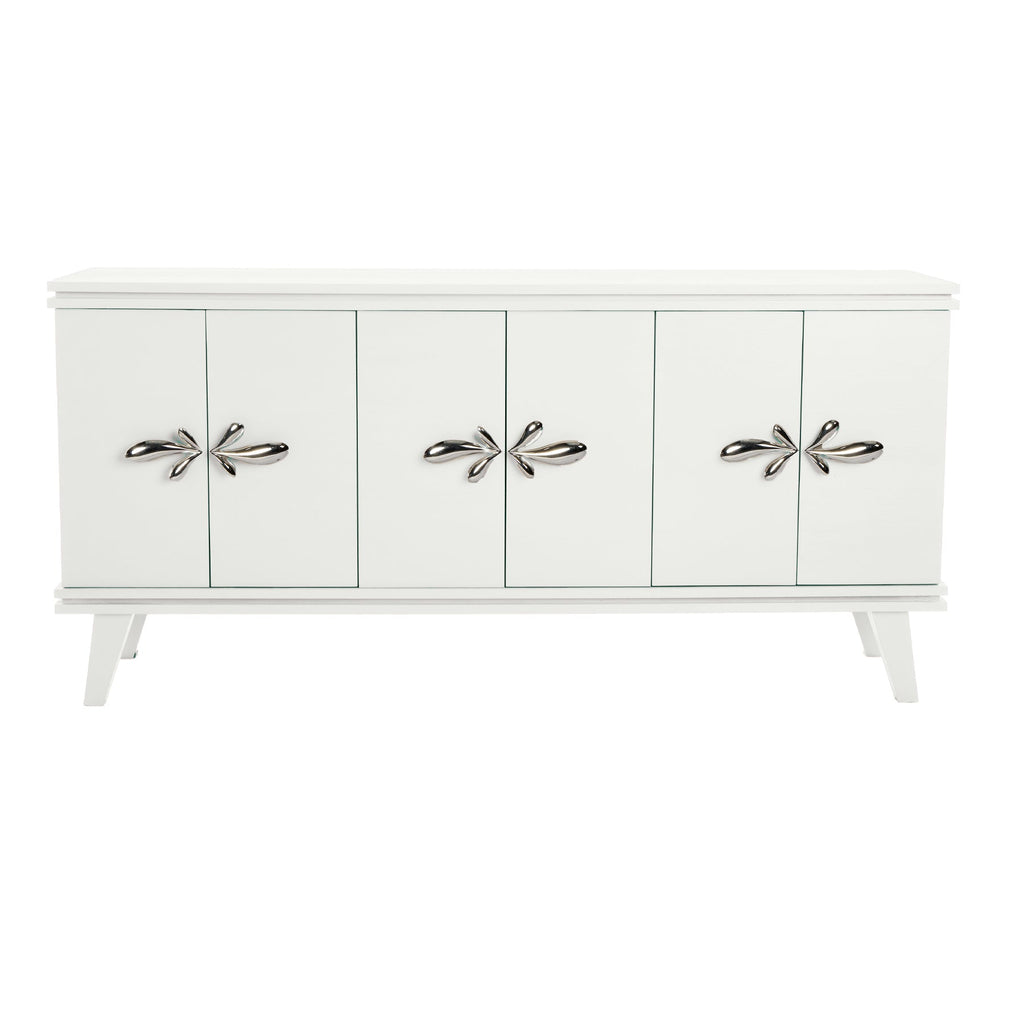 Warm White Rochelle Credenza with Polished Nickel Demi Fleur Large, front view
