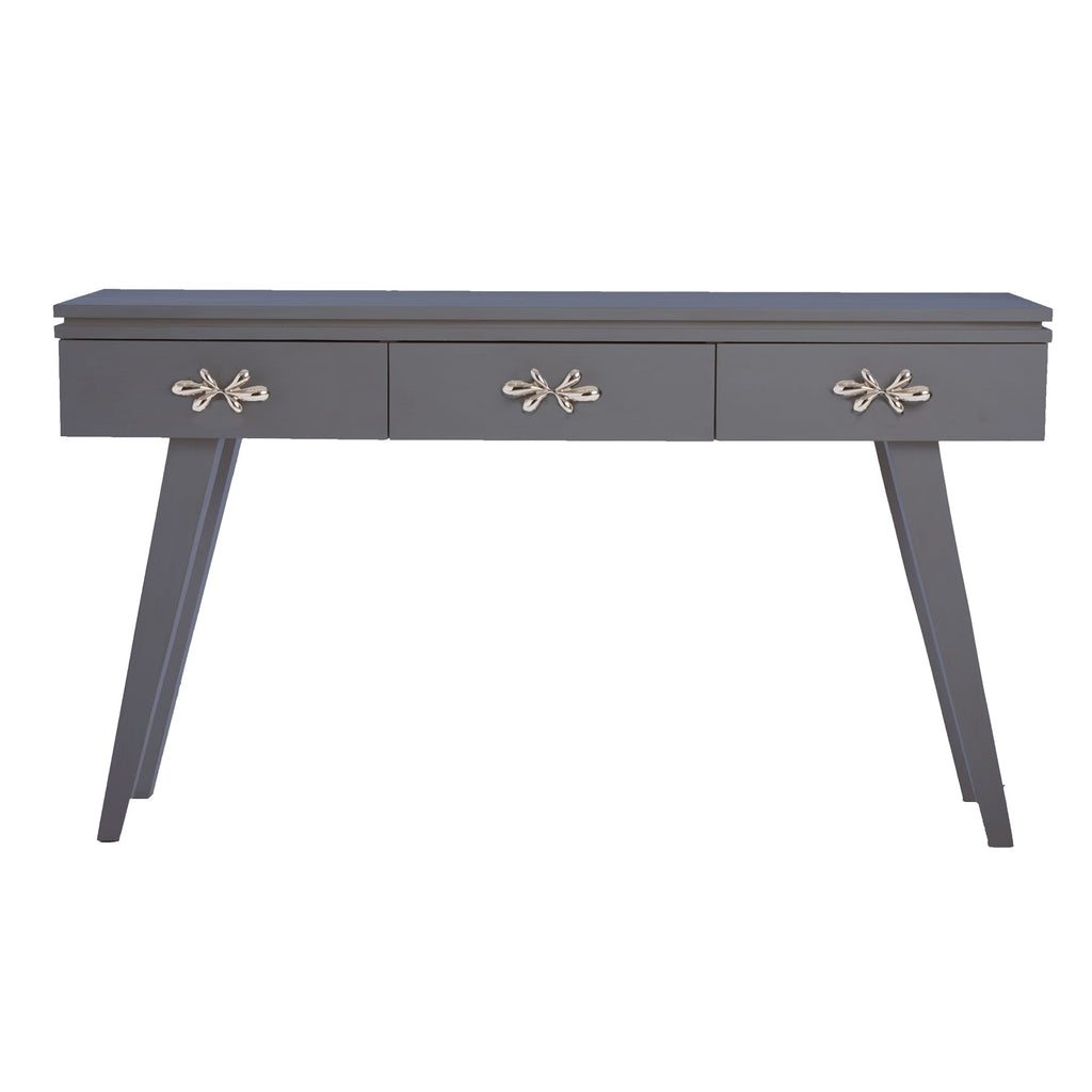 Pebble Gray Rochelle Console with Polished Nickel Fleur Small, front view