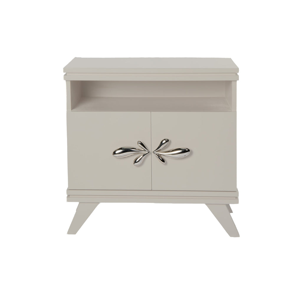 Light Taupe Rochelle Nightstand with Polished Nickel Demi Fleur Large, front view