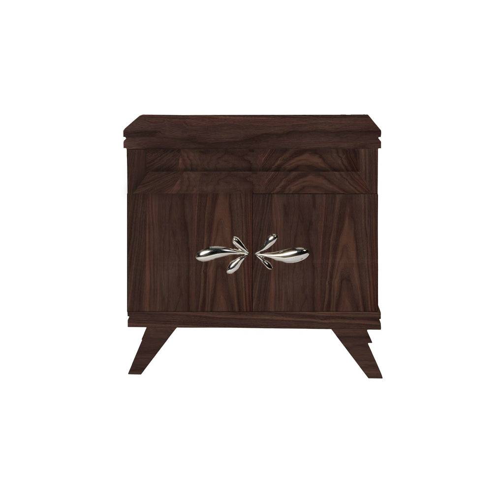 Perfect Walnut Rochelle Nightstand with Polished Nickel Demi Fleur Large, front view