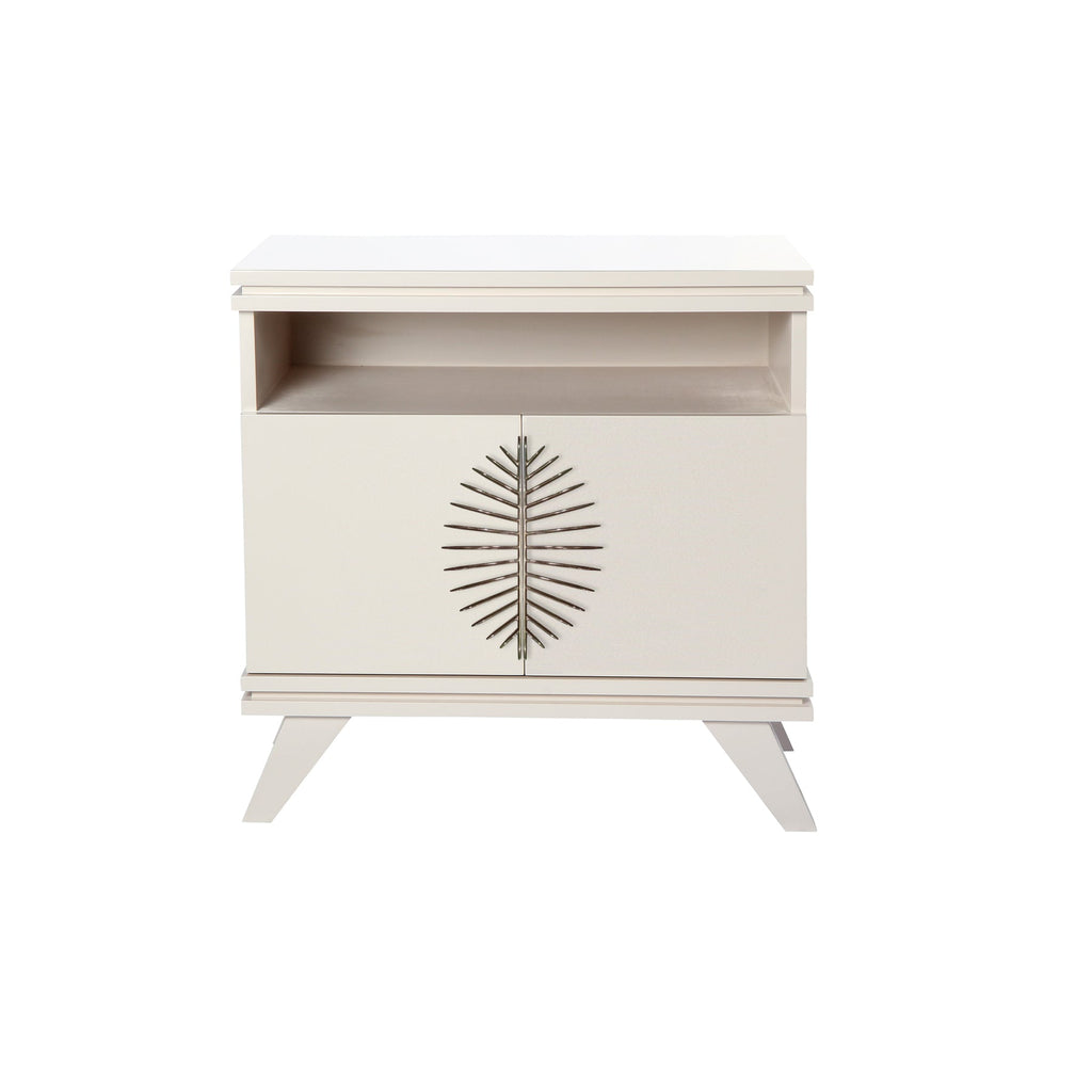Warm White Rochelle Nightstand with Burst Long, front view