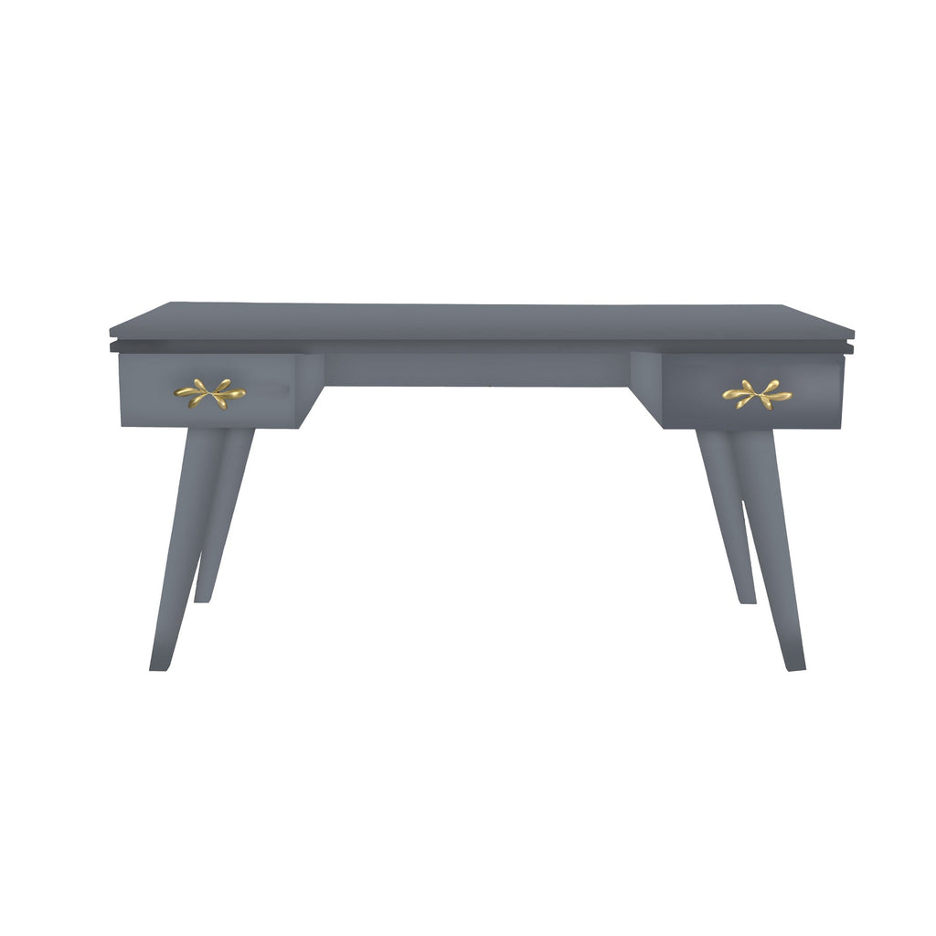 Pebble Gray Rochelle Writing Desk with Matte Gold Fleur Small, front view
