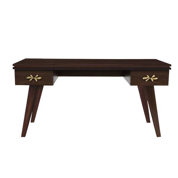 Perfect Walnut Rochelle Writing Desk with Matte Gold Fleur Small, front view