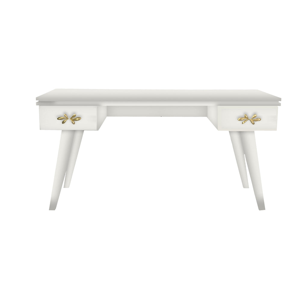 Warm White Rochelle Writing Desk with Matte Gold Fleur Small, front view