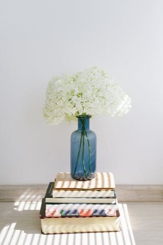 Image shows a blue vase with a bouquet of white flowers in it, sitting on a stack of books. Photo by Elena Putina on Unsplash.