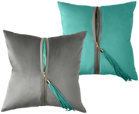 Picture of a pair of UnZipped pillows, the Aqua Graphite and the Graphite Aqua on a plain white background.